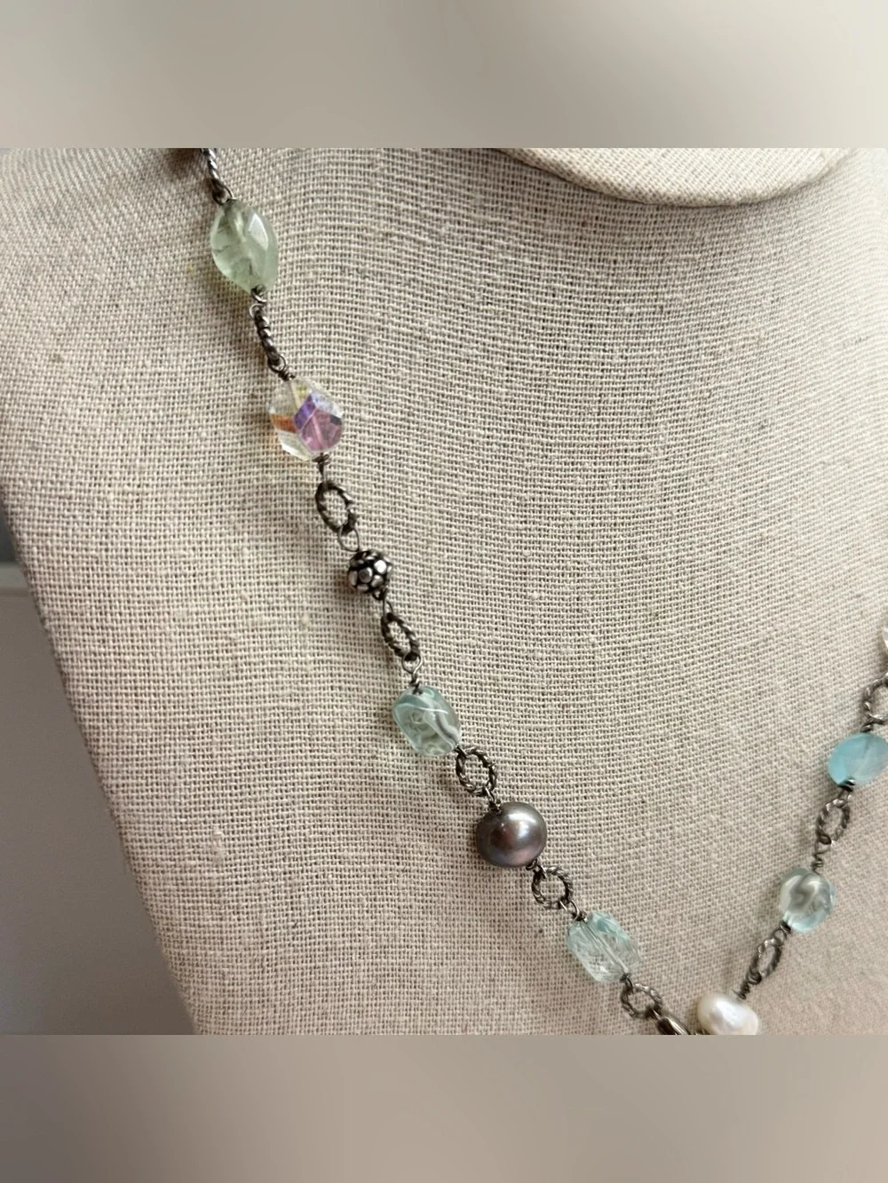 Sterling silver, glass, quartz, genuine pearl front clasp necklace